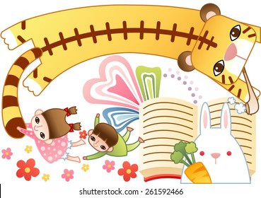 Children Day - pretty little girl and lovely boy holding the yellow tiger by its tail with a cute rabbit on white background with funny story book and colorful patterns : vector illustration