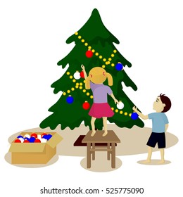 Children decorate Christmas tree