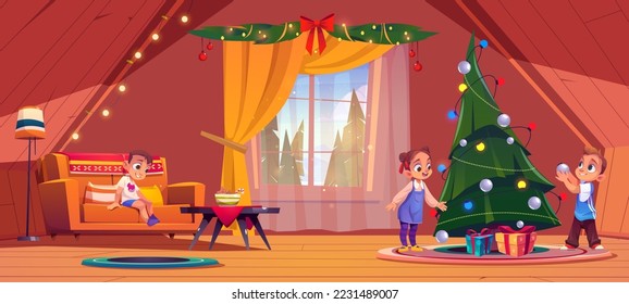 Children decorate Christmas tree at home. Little sister and brother hanging balls and bauble toys on pine branches. Family characters prepare for xmas holiday celebration, Cartoon vector illustration