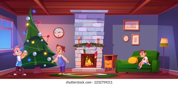 Children decorate Christmas tree at home interior with fireplace. Little sister and brother hanging balls on pine branches. Family prepare for xmas holiday celebration, Cartoon vector illustration