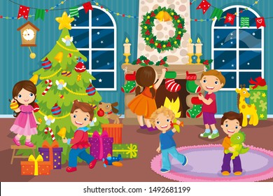 Children Decorate Toys Gift Room Before Christmas