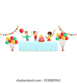 Children With The Decorated Table, Kids Birthday Party Scene With Cartoon Smiling Character