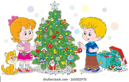 Children decorating a Christmas tree