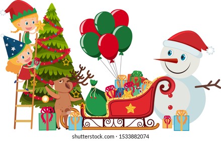 Children decorating christmas tree with reindeer illustration