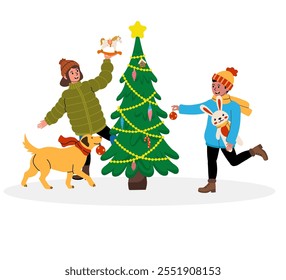 Children decorating a Christmas tree with their dog in winter festive clothing