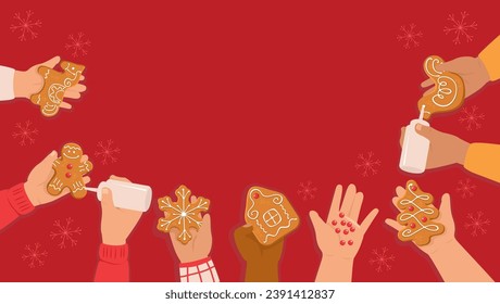 Children decorating gingerbread cookies. Kid's hands with traditional Christmas biscuits. Christmas workshop poster design with copy space
