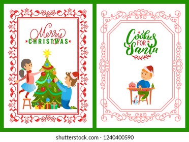 Children decorating tree on Merry Christmas postcard. Cookies for Santa greetings and boy writing letter with wishes to Santa Claus, vector in frame