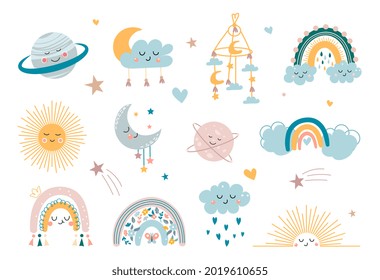 Children decorative elements. Hand drawn boho clipart for nursery decoration with cute rainbows, sun, cloud, dream catcher. Stickers with emotions. Cartoon flat vector collection on white background