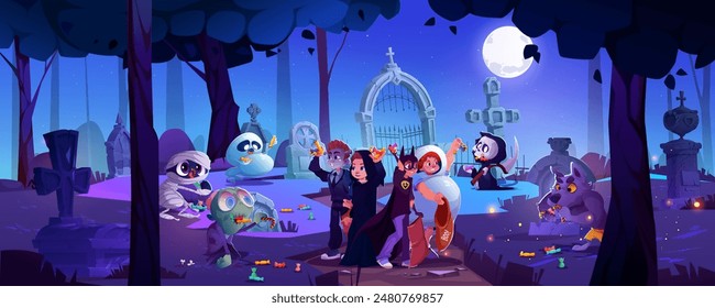 Kinder verteidigen auf dem Nachtfriedhof und werfen Süßigkeiten Cartoon Hintergrund. Gruseliger Wald mit Grabstein und untoten Tierlandschaft Illustration. 2D Comic Helloween Design mit Grab und Mondlicht für Spiel