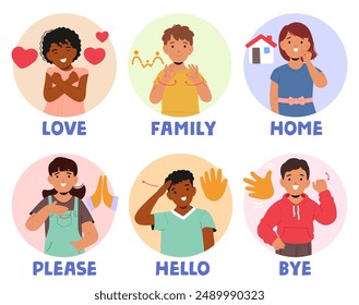 Children Demonstrating Common Sign Language Words Such As Love, Family, Home, Please, Hello And Bye, Use Expressive Gestures And Cheerful Expressions To Convey The Meaning Of Each Word Effectively