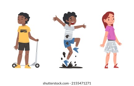 Children demonstrating good and bad behavior set cartoon vector illustration