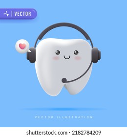 Children Dental Clinic Call Center Concept with Smiling and Happy Tooth Vector Illustration. 3D Cute Tooth Cartoon Character. Healthy Teeth Logo Icon Mascot.