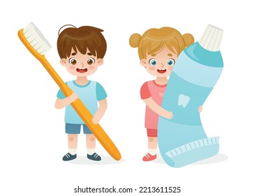 Children dental hygiene. Cartoon kids with big toothbrush and tooth paste. Cute girl and boy brushing teeth.