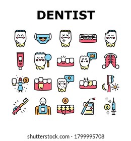 Children Dentist Dental Care Icons Set Vector. Dentist And Orthodontics Equipment, Research And Caries Treatment, Baby And Molar Teeth Color Contour Illustrations