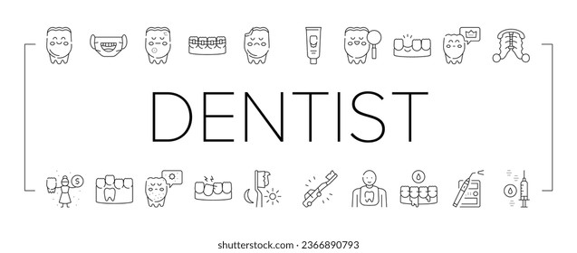 Children Dentist Dental Care Icons Set Vector. Dentist And Orthodontics Equipment, Research And Caries Treatment, Baby And Molar Teeth Black Contour Illustrations