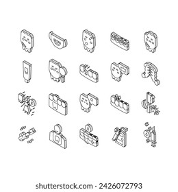 Children Dentist Dental Care isometric icons set. Dentist And Orthodontics Equipment, Research And Caries Treatment, Baby And Molar Teeth Color Contour .