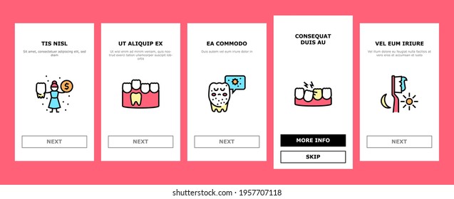 Children Dentist Dental Care Onboarding Mobile App Page Screen Vector. Dentist And Orthodontics Equipment, Research And Caries Treatment, Baby And Molar Teeth Illustrations