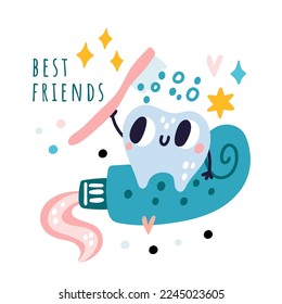 Children dentistry banner. Cute cartoon teeth character. Oral hygiene steps. Happy molar mascot with funny face. Toothpaste and toothbrush. Dental care. Vector kids