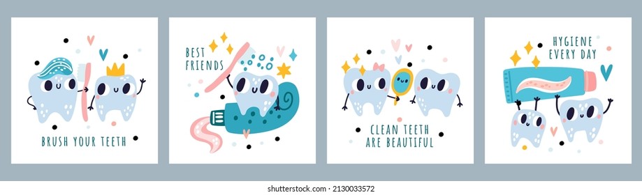 Children Dentistry Banners. Cute Cartoon Teeth Characters. Oral Hygiene. Stomatology And Caring. Molars With Funny Faces. Toothpaste And Toothbrush. Vector Kids