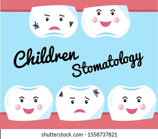 Children dentistry, a Concept for a banner or advertising poster. A truly healthy teeth and a sad tooth decay.