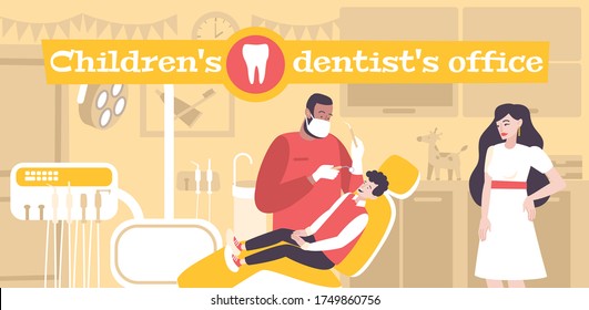 Children dentistry flat composition with text and indoor dental clinics office scenery with kid and dentist vector illustration