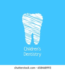 children dentistry with scribble tooth. flat style trend modern logotype graphic art design on blue background