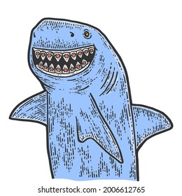Children dentistry, shark with dental braces. Sketch scratch board imitation color.