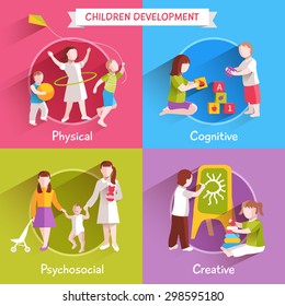 Children design concept set with physical cognitive and creative process flat icons isolated vector illustration
