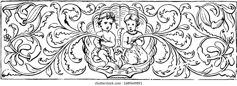 Children Design hat zwei Kinder in sich, in diesem Muster, in der Vintage Linie Zeichnung oder Gravitation Illustration.