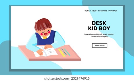 children desk kid boy vector. student school, education preschool, class room children desk kid boy web flat cartoon illustration
