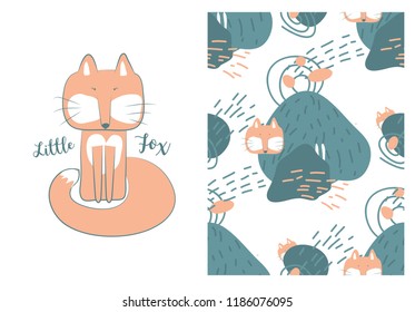 Children desogn. Seamless pattern and a Little Fox illustration. Vector