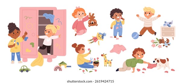 Children destroying room. Little kids play in active games, spoiling home, naughty boys and girls break toys and furniture, making mess, bad behavior, cartoon flat isolated garish vector set