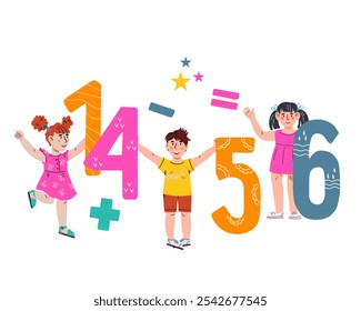 Children develop essential math skills and studying numbers, math, and arithmetic,  vector illustration isolated. Kids counting and arithmetic skills, back to school banner.