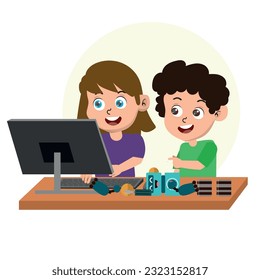 Children developing programming skills by building robots. Cartoon vector illustration.