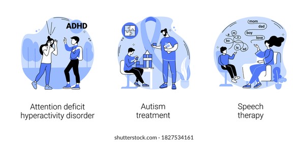 Children development issues abstract concept vector illustration set. Attention deficit hyperactivity disorder, autism treatment, speech therapy, hyperactivity, cognitive disability abstract metaphor.