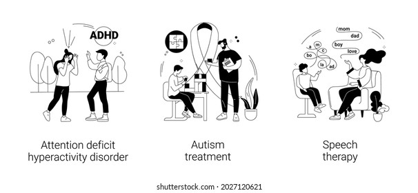 Children development issues abstract concept vector illustration set. Attention deficit hyperactivity disorder, autism treatment, speech therapy, hyperactivity, cognitive disability abstract metaphor.