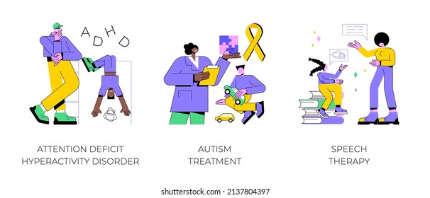 Children Development Issues Abstract Concept Vector Illustration Set. Attention Deficit Hyperactivity Disorder, Autism Treatment, Speech Therapy, Hyperactivity, Cognitive Disability Abstract Metaphor.