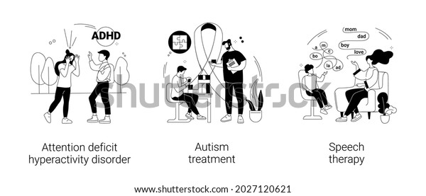 Children development issues abstract concept\
vector illustration set. Attention deficit hyperactivity disorder,\
autism treatment, speech therapy, hyperactivity, cognitive\
disability abstract\
metaphor.