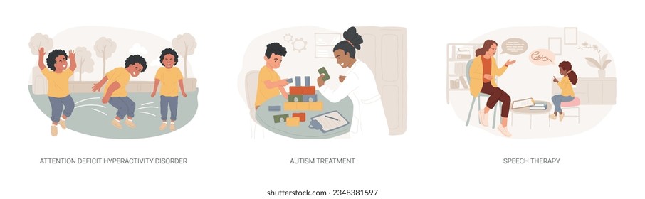 Children development issues isolated concept vector illustration set. Attention deficit hyperactivity disorder, autism treatment, speech therapy, hyperactivity, cognitive disability vector concept.