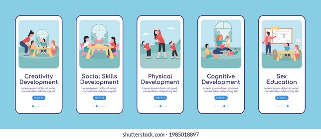 Children development onboarding mobile app screen flat vector template. Walkthrough website 5 steps with characters. Creative daycare UX, UI, GUI smartphone cartoon interface, case prints set