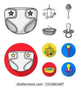 Children diapers, a toy over the crib, a rattle, a children bath. Baby born set collection icons in monochrome,flat style vector symbol stock illustration web.