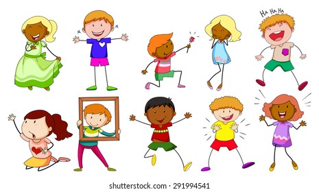 Niños con diferentes acciones de fondo blanco