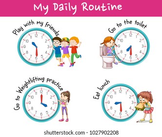 Children and different activities for daily routine illustration