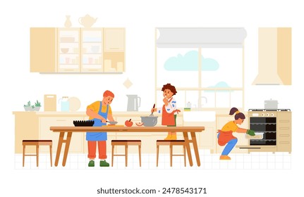 Children of different age cooking together in the kitchen flat vector illustration. Kids in aprons making dinner.