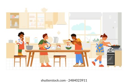 Children of different age and ethnicity cooking together in the kitchen flat vector illustration. Kids in aprons making dinner.