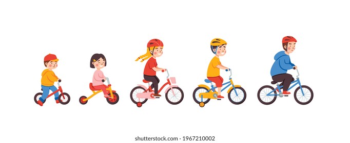Children of different age and gender riding bicycles, cartoon vector illustration isolated on white background. Different boys and girls characters on a bike ride.