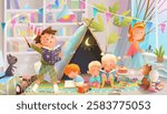 Children of different age playing together at home or kindergarten. Elementary and school age kids group reading books. Education and learning colorful children illustration. Vector cartoon hand drawn