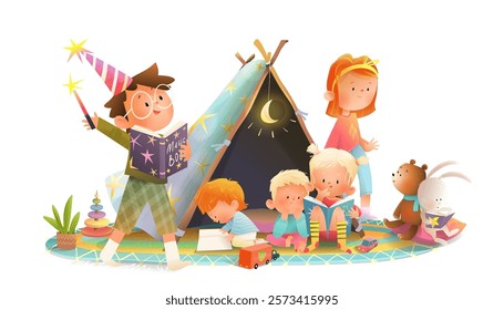 Children of different age playing together at home or kindergarten. Elementary and school age kids reading books. Education and learning colorful children illustration. Vector clip art cartoon