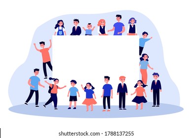 Children Of Different Ages Around Blank Banner. Schoolchildren, Pupils, Copy Space Flat Vector Illustration. Kids Community, Back To School Concept For Banner, Website Design Or Landing Web Page