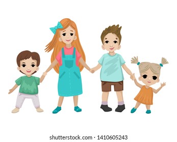Children of different ages hold each others hands, the friendship of small and adult children, girls and boys. Bright colored illustration characters. Cartoon flat style illustration.